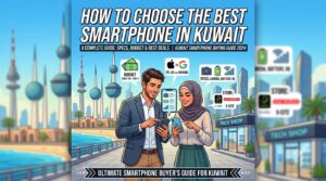How to Choose Smartphone in Kuwait – Illustrated smartphone buying guide featuring a couple comparing phones, budget tips, camera, battery, 5G features, and Kuwait tech stores.