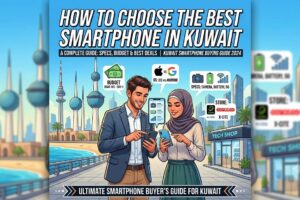 How to Choose Smartphone in Kuwait – Illustrated smartphone buying guide featuring a couple comparing phones, budget tips, camera, battery, 5G features, and Kuwait tech stores.