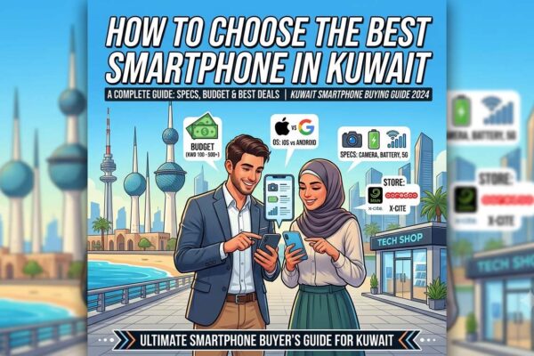 How to Choose Smartphone in Kuwait – Illustrated smartphone buying guide featuring a couple comparing phones, budget tips, camera, battery, 5G features, and Kuwait tech stores.