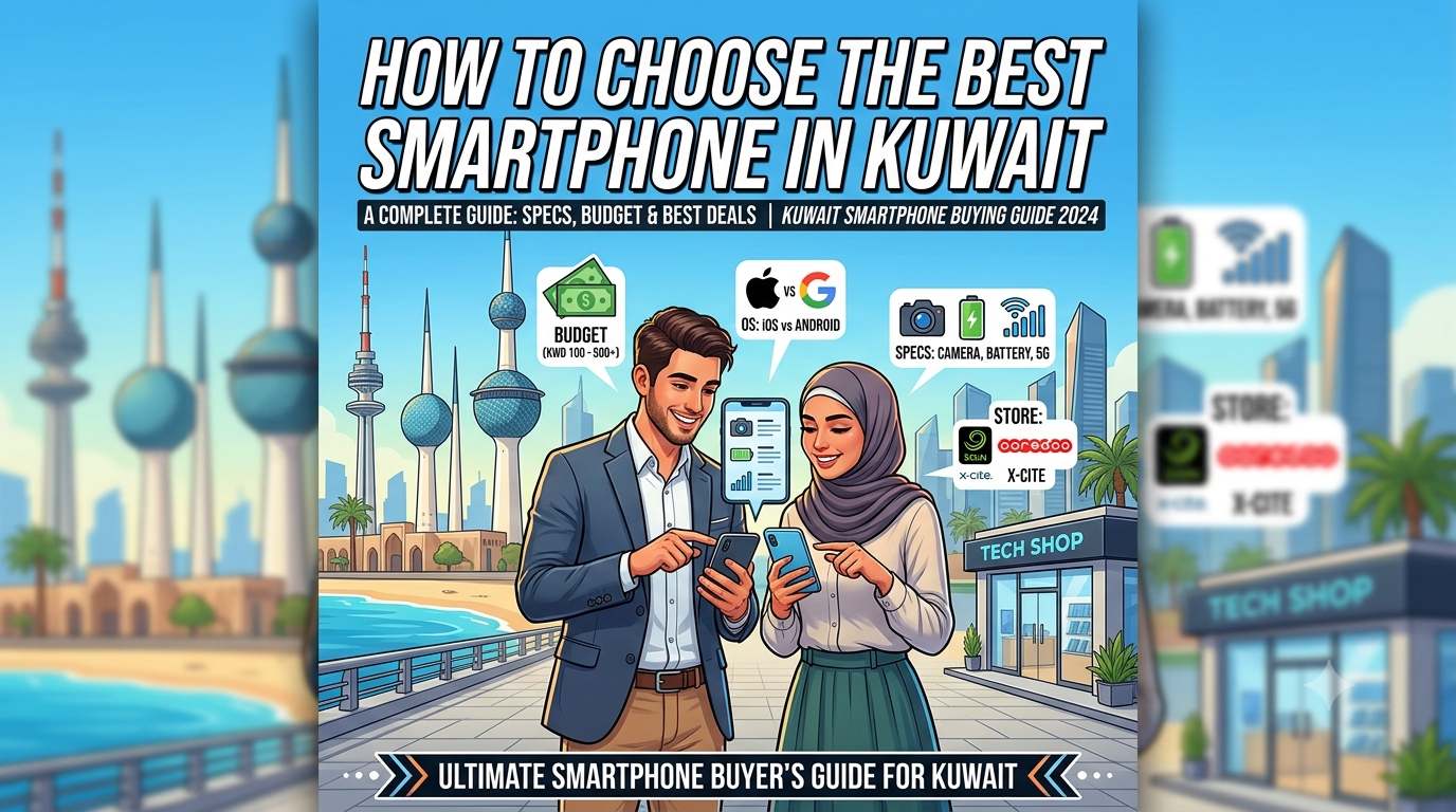 How to Choose Smartphone in Kuwait – Illustrated smartphone buying guide featuring a couple comparing phones, budget tips, camera, battery, 5G features, and Kuwait tech stores.