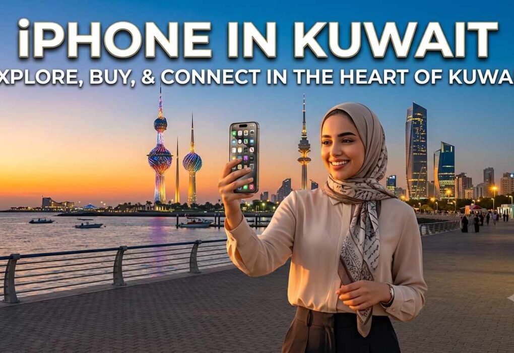 A smiling woman wearing a hijab takes a selfie on a seaside boardwalk in Kuwait. Behind her are the Kuwait Towers and modern skyscrapers. The text overlay reads "iPHONE IN KUWAIT - EXPLORE, BUY, & CONNECT IN THE HEART OF KUWAIT