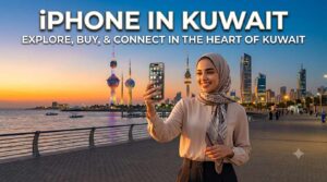 A smiling woman wearing a hijab takes a selfie on a seaside boardwalk in Kuwait. Behind her are the Kuwait Towers and modern skyscrapers. The text overlay reads iPHONE IN KUWAIT - EXPLORE, BUY, & CONNECT IN THE HEART OF KUWAIT