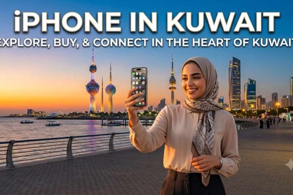 A smiling woman wearing a hijab takes a selfie on a seaside boardwalk in Kuwait. Behind her are the Kuwait Towers and modern skyscrapers. The text overlay reads "iPHONE IN KUWAIT - EXPLORE, BUY, & CONNECT IN THE HEART OF KUWAIT