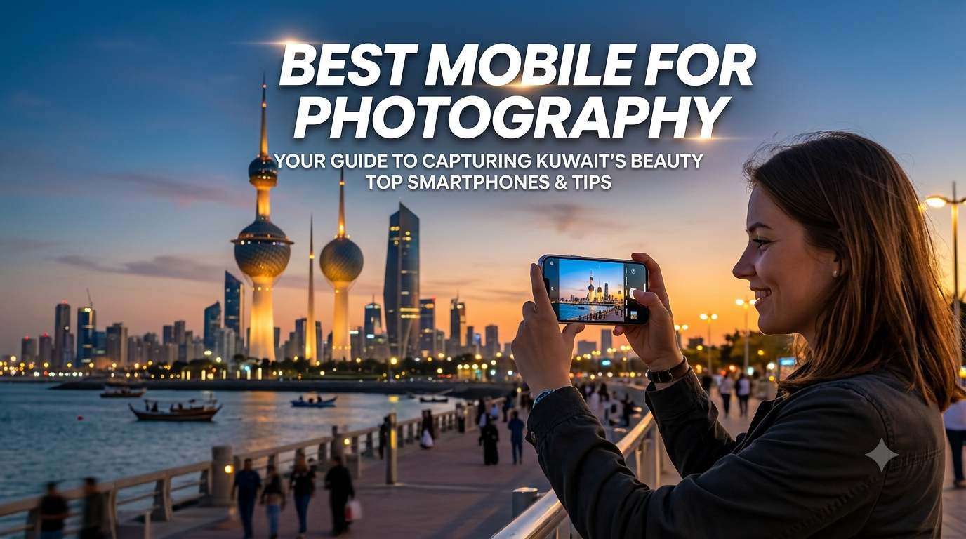 Best mobile for photography in Kuwait guide featuring a person capturing Kuwait City's skyline at sunset with a smartphone.