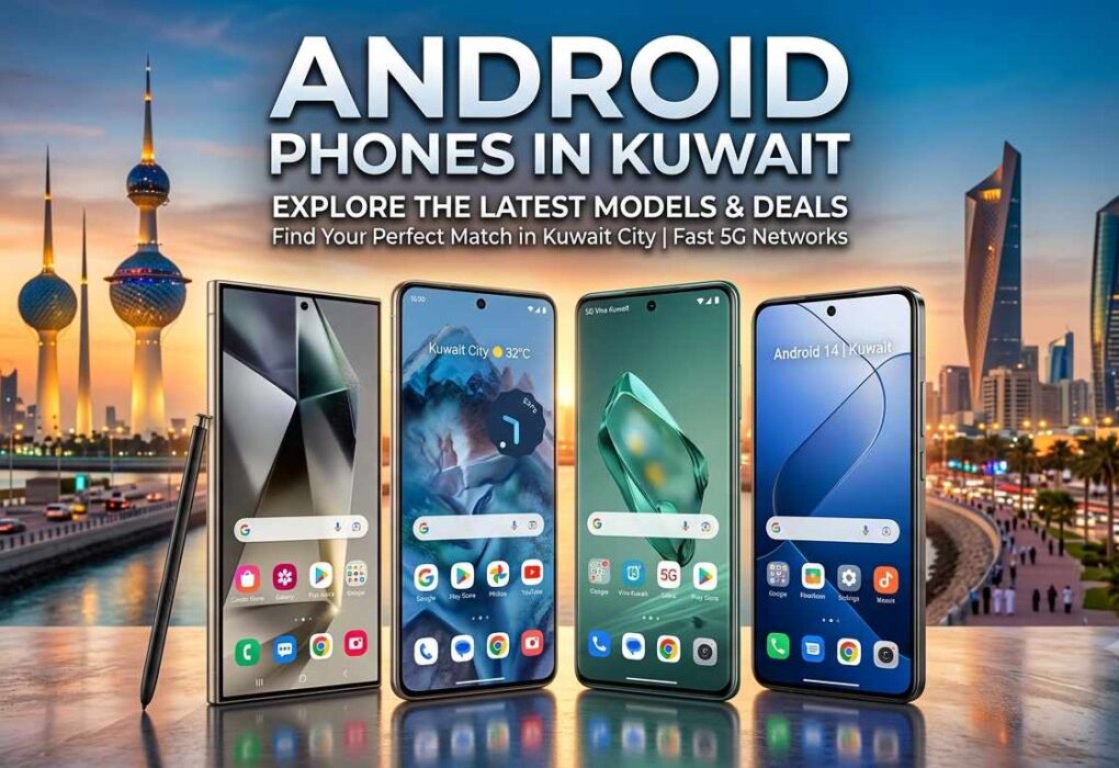 Showcase of modern Android Phones in Kuwait with Kuwait Towers skyline background