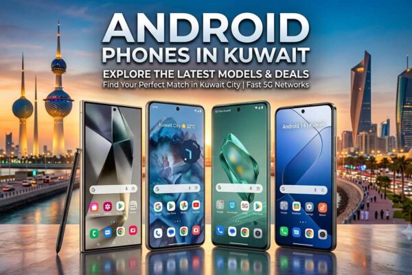 Showcase of modern Android Phones in Kuwait with Kuwait Towers skyline background