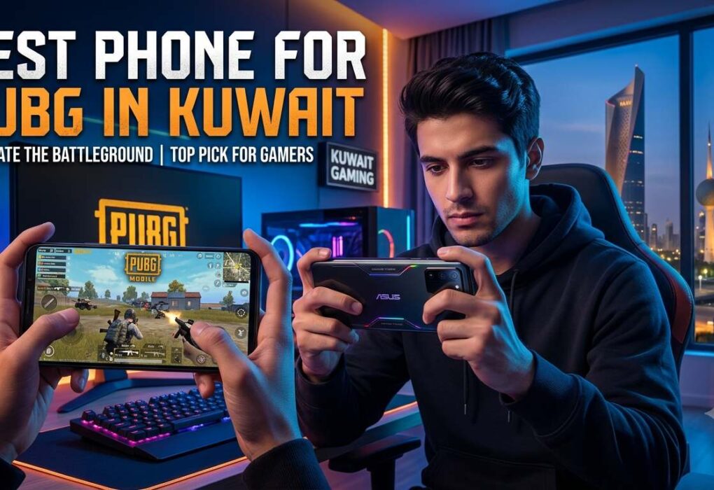 Best Phone for PUBG in Kuwait featuring a gamer playing PUBG Mobile on a high-performance smartphone in a modern gaming setup with the Kuwait skyline in the background.