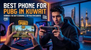 Best Phone for PUBG in Kuwait featuring a gamer playing PUBG Mobile on a high-performance smartphone in a modern gaming setup with the Kuwait skyline in the background.