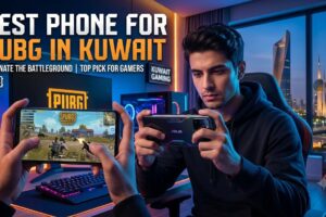 Best Phone for PUBG in Kuwait featuring a gamer playing PUBG Mobile on a high-performance smartphone in a modern gaming setup with the Kuwait skyline in the background.