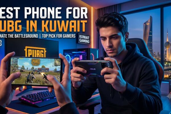 Best Phone for PUBG in Kuwait featuring a gamer playing PUBG Mobile on a high-performance smartphone in a modern gaming setup with the Kuwait skyline in the background.