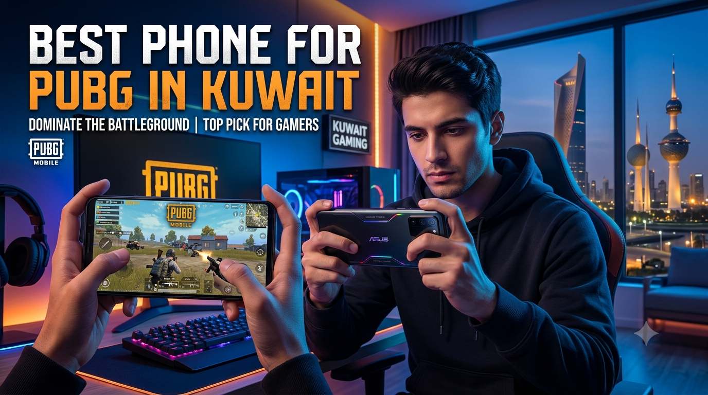 Best Phone for PUBG in Kuwait featuring a gamer playing PUBG Mobile on a high-performance smartphone in a modern gaming setup with the Kuwait skyline in the background.