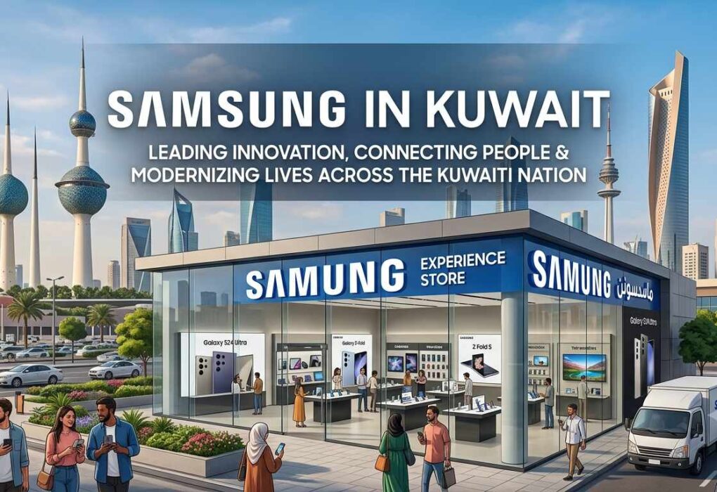A modern Samsung Experience Store in Kuwait City with the iconic Kuwait Towers in the background, featuring the text Samsung in Kuwait