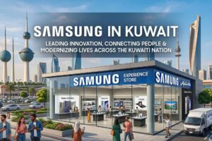 A modern Samsung Experience Store in Kuwait City with the iconic Kuwait Towers in the background, featuring the text Samsung in Kuwait