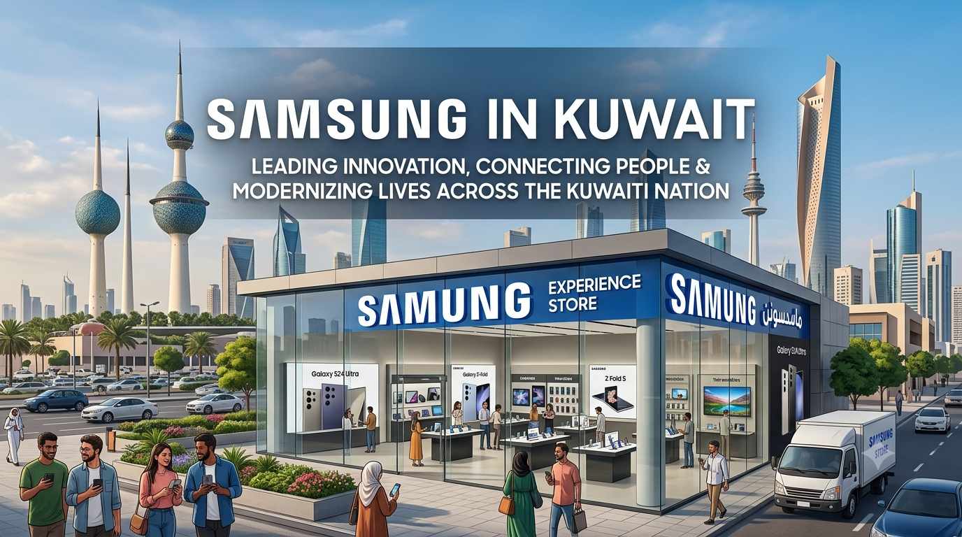 A modern Samsung Experience Store in Kuwait City with the iconic Kuwait Towers in the background, featuring the text Samsung in Kuwait