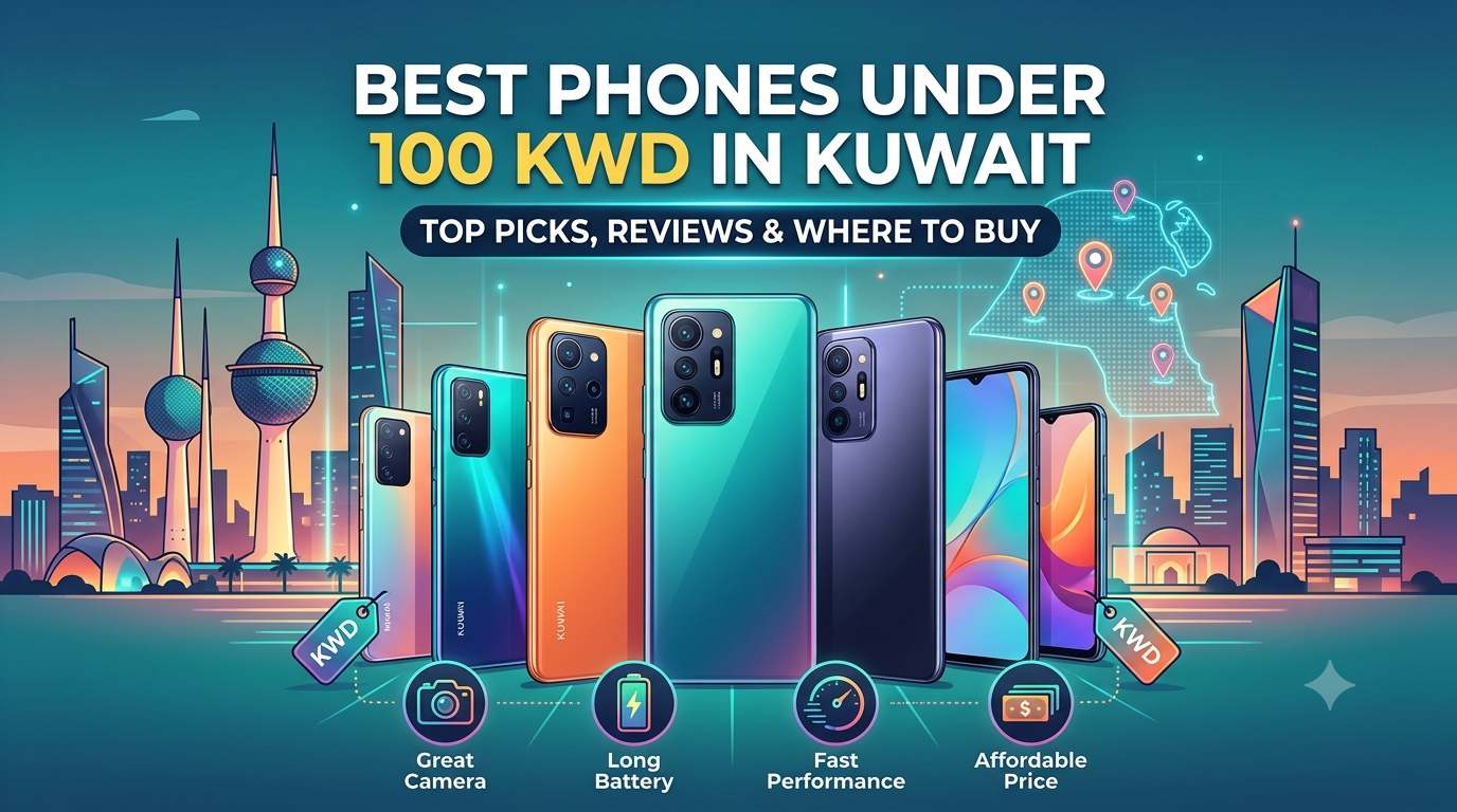 Best phones under 100 KWD in Kuwait featuring affordable smartphones with great cameras, long battery life, fast performance, and the Kuwait skyline in the background.