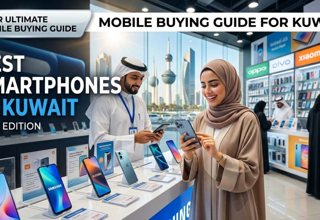 Mobile buying guide for Kuwait featuring customers exploring the best smartphones in a modern mobile store with top brands like Samsung, Xiaomi, OPPO, and Vivo
