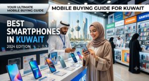 Mobile buying guide for Kuwait featuring customers exploring the best smartphones in a modern mobile store with top brands like Samsung, Xiaomi, OPPO, and Vivo