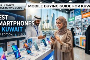 Mobile buying guide for Kuwait featuring customers exploring the best smartphones in a modern mobile store with top brands like Samsung, Xiaomi, OPPO, and Vivo