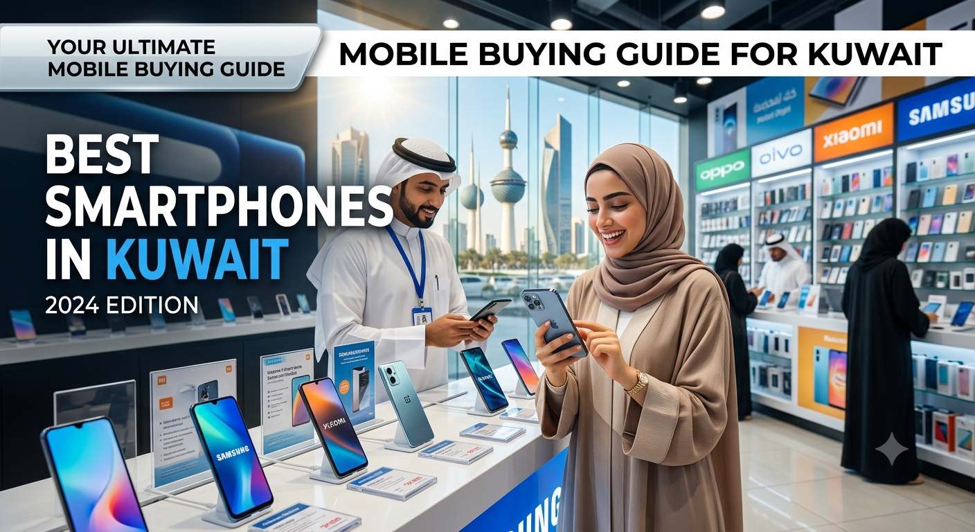 Mobile buying guide for Kuwait featuring customers exploring the best smartphones in a modern mobile store with top brands like Samsung, Xiaomi, OPPO, and Vivo