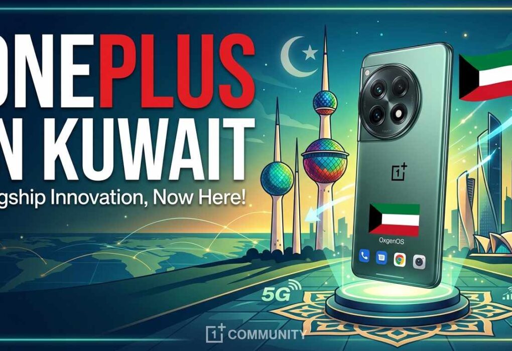 Promotional banner announcing OnePlus in Kuwait featuring a green smartphone with the Kuwait flag, Kuwait Towers background, and text "Flagship Innovation, Now Here