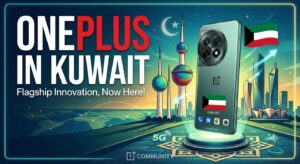 Promotional banner announcing OnePlus in Kuwait featuring a green smartphone with the Kuwait flag, Kuwait Towers background, and text "Flagship Innovation, Now Here