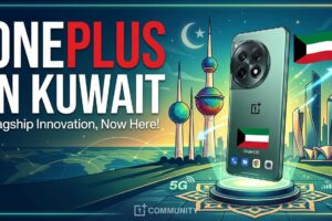 Promotional banner announcing OnePlus in Kuwait featuring a green smartphone with the Kuwait flag, Kuwait Towers background, and text "Flagship Innovation, Now Here