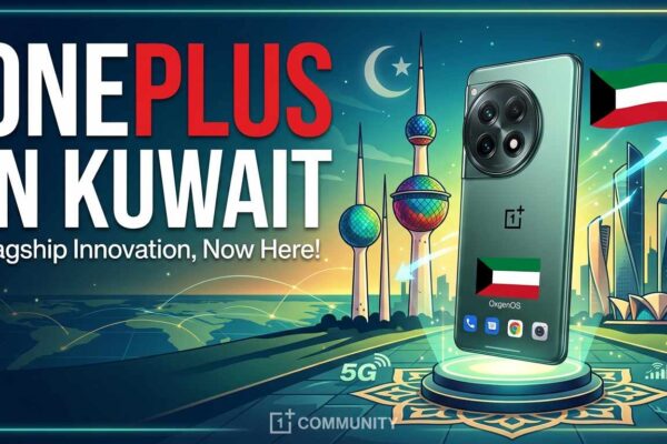 Promotional banner announcing OnePlus in Kuwait featuring a green smartphone with the Kuwait flag, Kuwait Towers background, and text "Flagship Innovation, Now Here