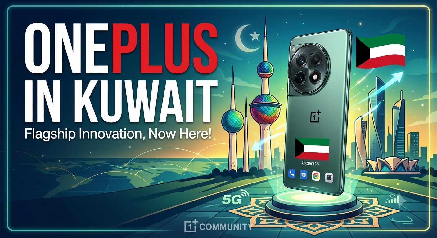 Promotional banner announcing OnePlus in Kuwait featuring a green smartphone with the Kuwait flag, Kuwait Towers background, and text "Flagship Innovation, Now Here