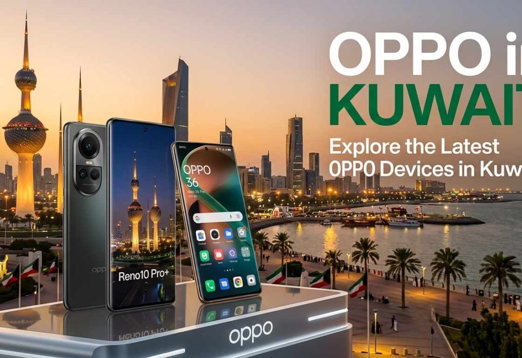 Promotional graphic for OPPO in Kuwait featuring smartphones, including the Reno10 Pro+, on a display podium set against the Kuwait City skyline at sunset