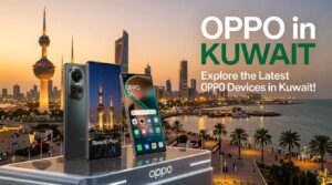 Promotional graphic for OPPO in Kuwait featuring smartphones, including the Reno10 Pro+, on a display podium set against the Kuwait City skyline at sunset