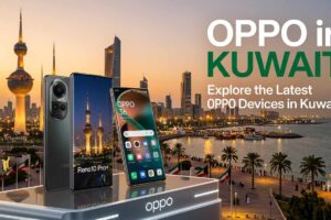 Promotional graphic for OPPO in Kuwait featuring smartphones, including the Reno10 Pro+, on a display podium set against the Kuwait City skyline at sunset