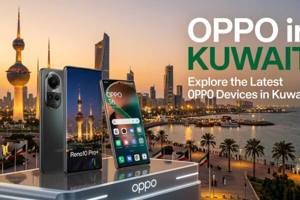 Promotional graphic for OPPO in Kuwait featuring smartphones, including the Reno10 Pro+, on a display podium set against the Kuwait City skyline at sunset