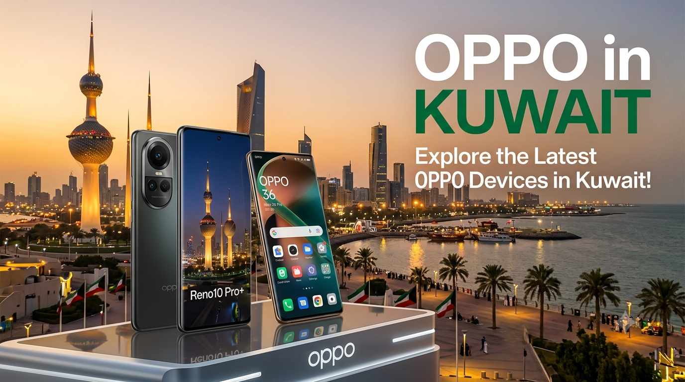 Promotional graphic for OPPO in Kuwait featuring smartphones, including the Reno10 Pro+, on a display podium set against the Kuwait City skyline at sunset