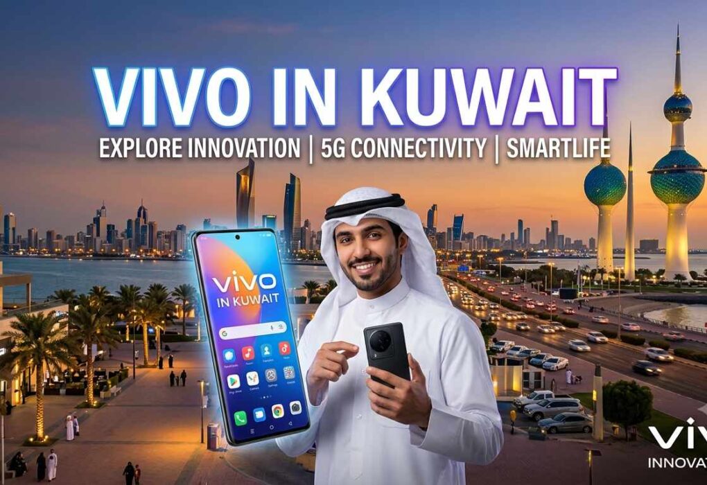 A promotional graphic for Vivo in Kuwait featuring a man in traditional attire holding Vivo smartphones with the Kuwait City skyline and Kuwait Towers in the background