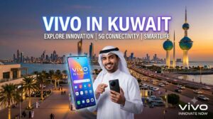 A promotional graphic for Vivo in Kuwait featuring a man in traditional attire holding Vivo smartphones with the Kuwait City skyline and Kuwait Towers in the background