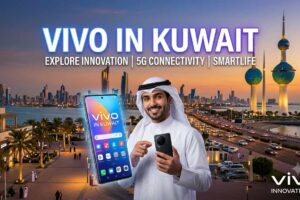 A promotional graphic for Vivo in Kuwait featuring a man in traditional attire holding Vivo smartphones with the Kuwait City skyline and Kuwait Towers in the background