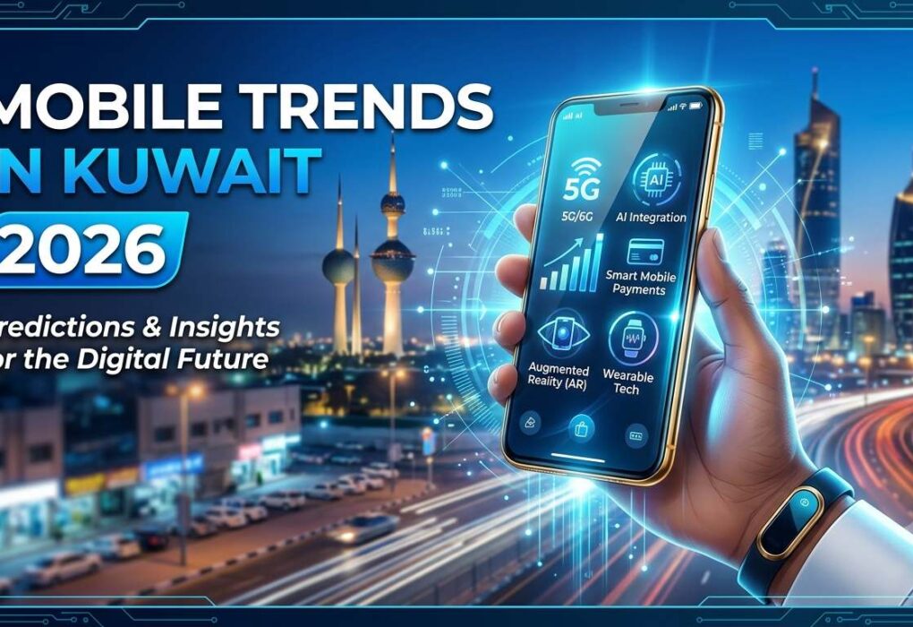 Mobile Trends in Kuwait 2026 with a 5G smartphone and futuristic cityscape