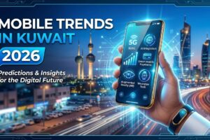 Mobile Trends in Kuwait 2026 with a 5G smartphone and futuristic cityscape