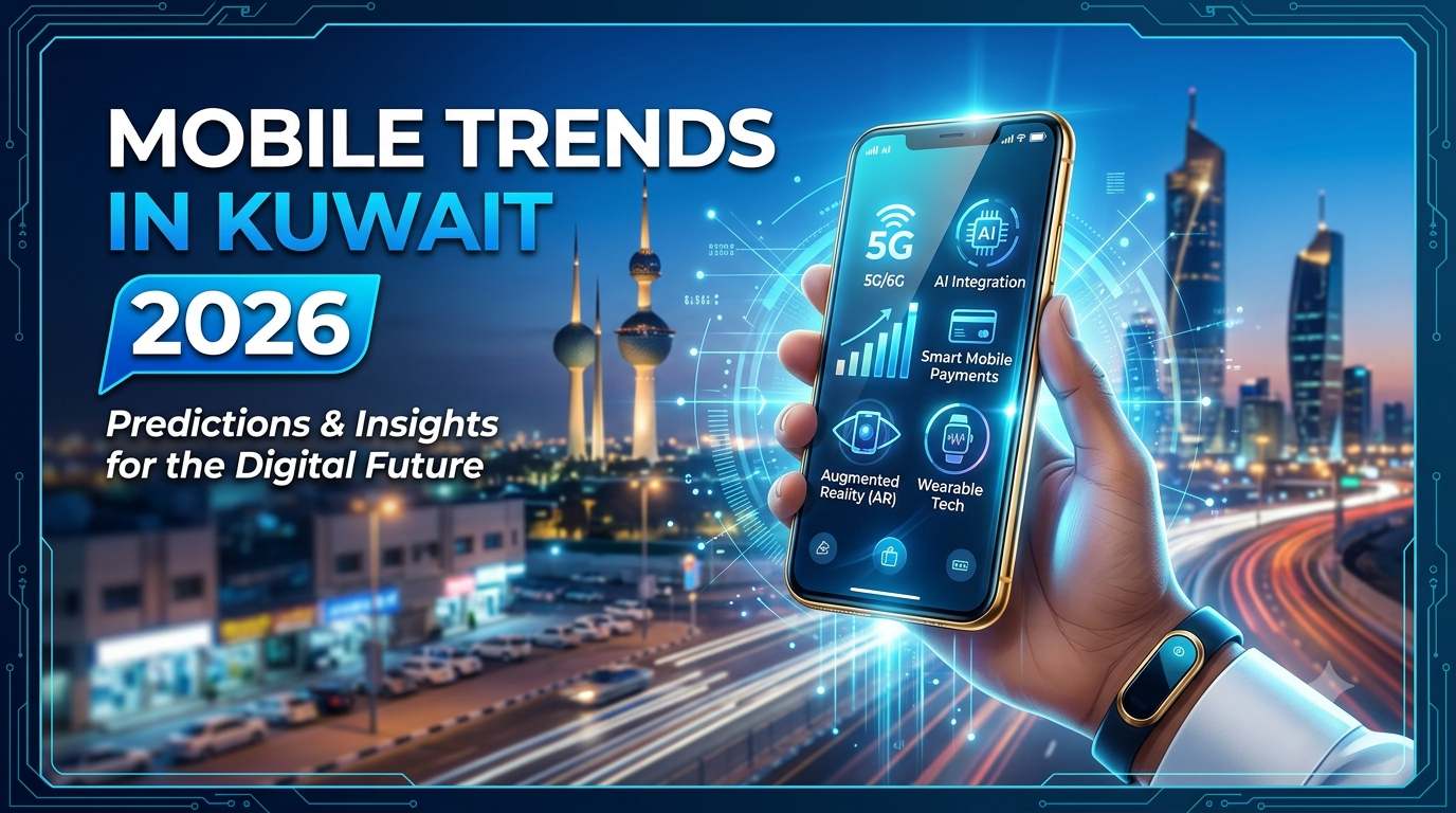 Mobile Trends in Kuwait 2026 with a 5G smartphone and futuristic cityscape