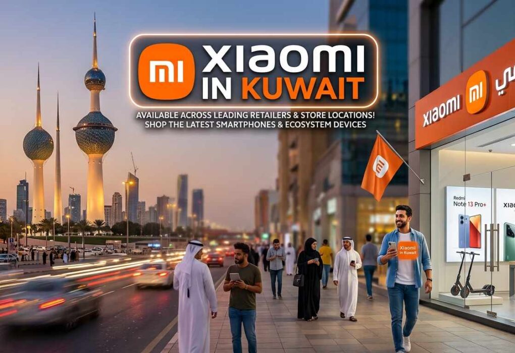 Promotional banner featuring Xiaomi in Kuwait with a store storefront, Kuwait Towers in the background, and displays of Xiaomi 14 and Redmi phones