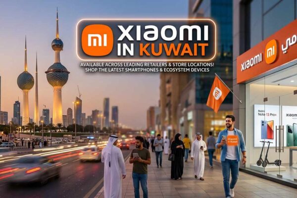 Promotional banner featuring Xiaomi in Kuwait with a store storefront, Kuwait Towers in the background, and displays of Xiaomi 14 and Redmi phones