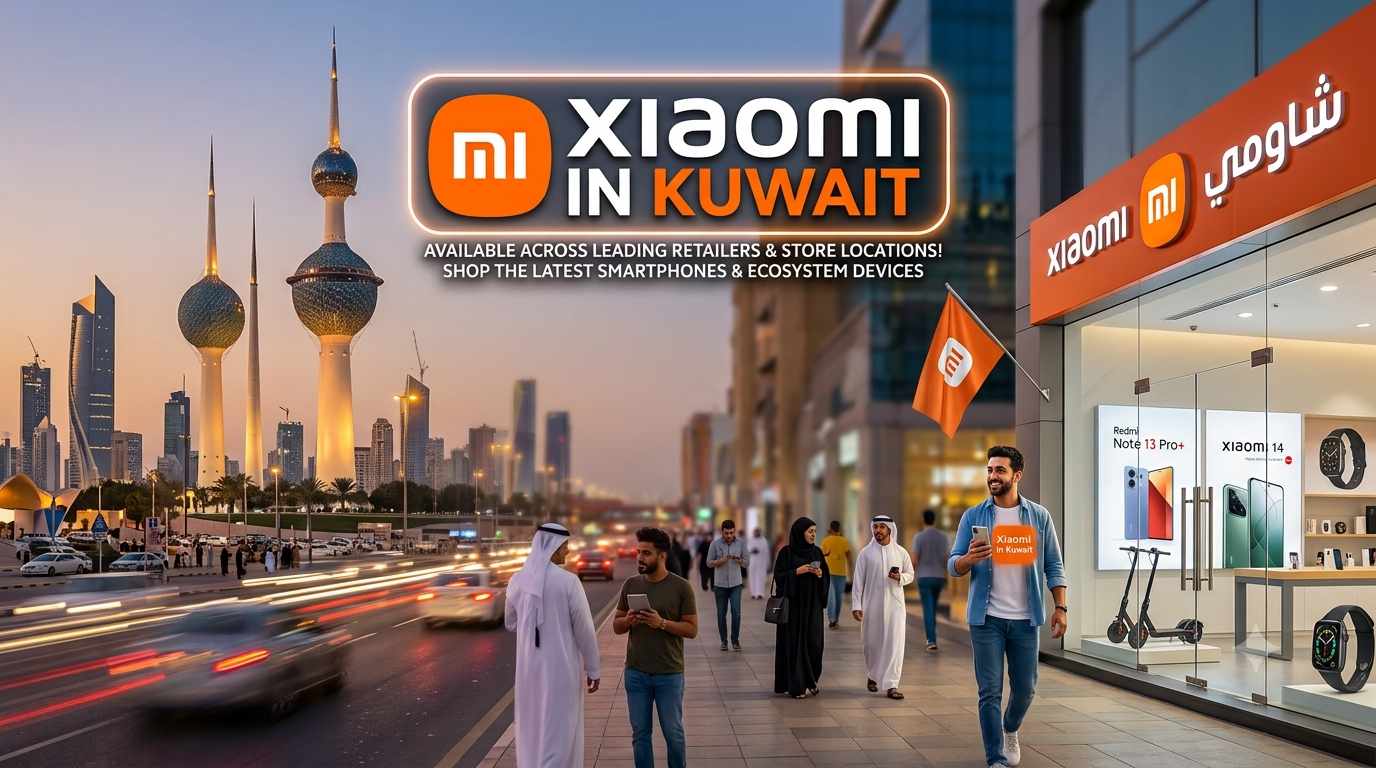 Promotional banner featuring Xiaomi in Kuwait with a store storefront, Kuwait Towers in the background, and displays of Xiaomi 14 and Redmi phones
