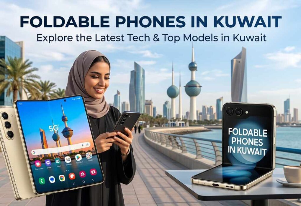 A smiling woman wearing a hijab holding a smartphone in front of the Kuwait cityscape, with foldable phones displayed alongside the text Foldable Phones in Kuwait