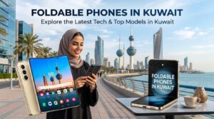 A smiling woman wearing a hijab holding a smartphone in front of the Kuwait cityscape, with foldable phones displayed alongside the text Foldable Phones in Kuwait