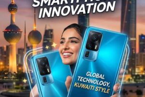 A promotional poster for Honor in Kuwait featuring a smiling woman holding two blue Honor smartphones with the Kuwait City skyline in the background