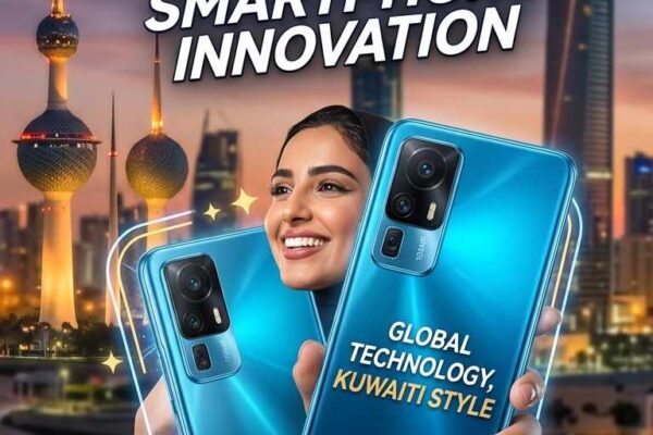 A promotional poster for Honor in Kuwait featuring a smiling woman holding two blue Honor smartphones with the Kuwait City skyline in the background
