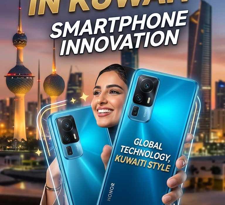 A promotional poster for Honor in Kuwait featuring a smiling woman holding two blue Honor smartphones with the Kuwait City skyline in the background