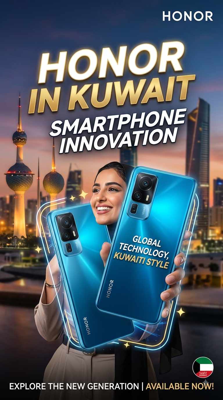 A promotional poster for Honor in Kuwait featuring a smiling woman holding two blue Honor smartphones with the Kuwait City skyline in the background