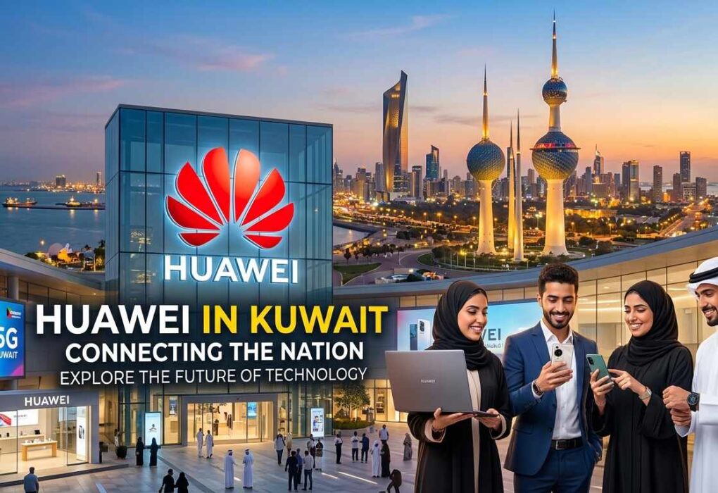 People using tech devices in front of a modern building and the city skyline, featuring a 'Huawei in Kuwait' promotional banner