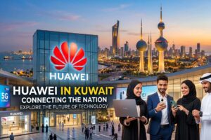 People using tech devices in front of a modern building and the city skyline, featuring a 'Huawei in Kuwait' promotional banner